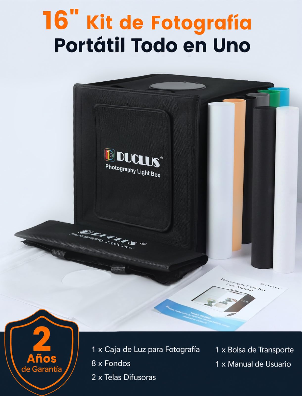 DUCLUS Caja de luz fotografía 40 x 40 cm Plegable Estudio fotográfico, 5500 K, luz Regulable, Juego 160 Cuentas LED y 8 Fondos de fotografía