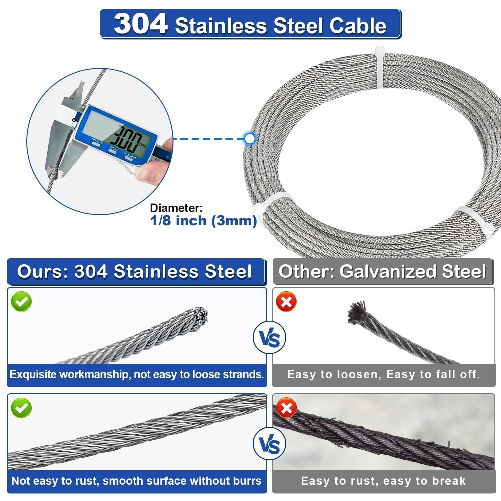 TooTaci 3mm Drahtseil Edelstahl, 30M/3mm Stahlseil mit ösen, 12 Stück M3 Crimphülsen & 6 Stück M3 Seilklemme, 6 Stück Kauschen, 7×7 Edelstahlseil Spanndraht für Zaun, Gardinenseil, DIY Hängen