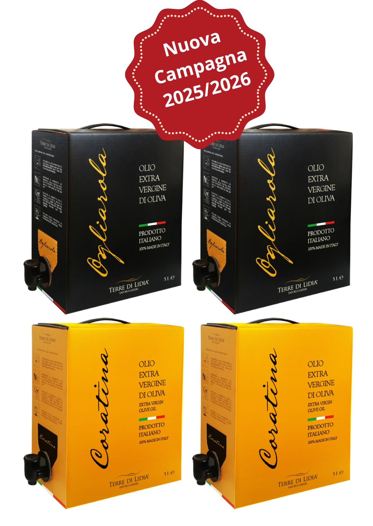 Terre di Lidia - 4 Pièces - Huile d'olive extra vierge - 4 x Bag in Box 3L-Produit 100% italien - Coratina+Ogliarola - Campagne 2025/2026