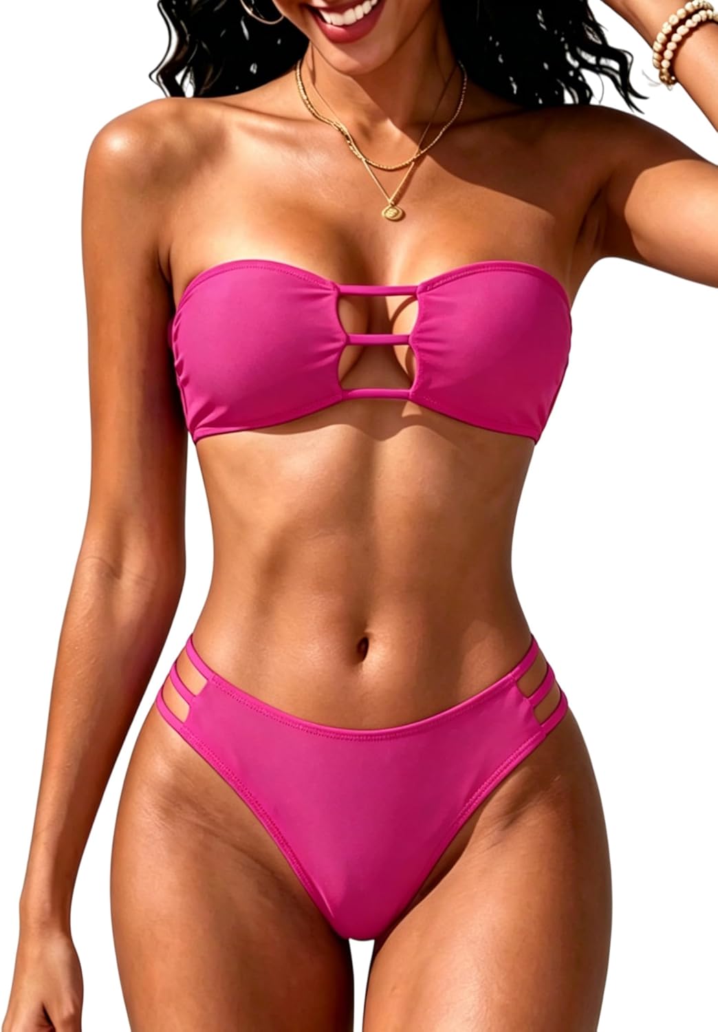 Tainehs Women's Two Piece Strapless Bikini Sets Bandeau Cutout Swimsuit High Cut Bathing Suits