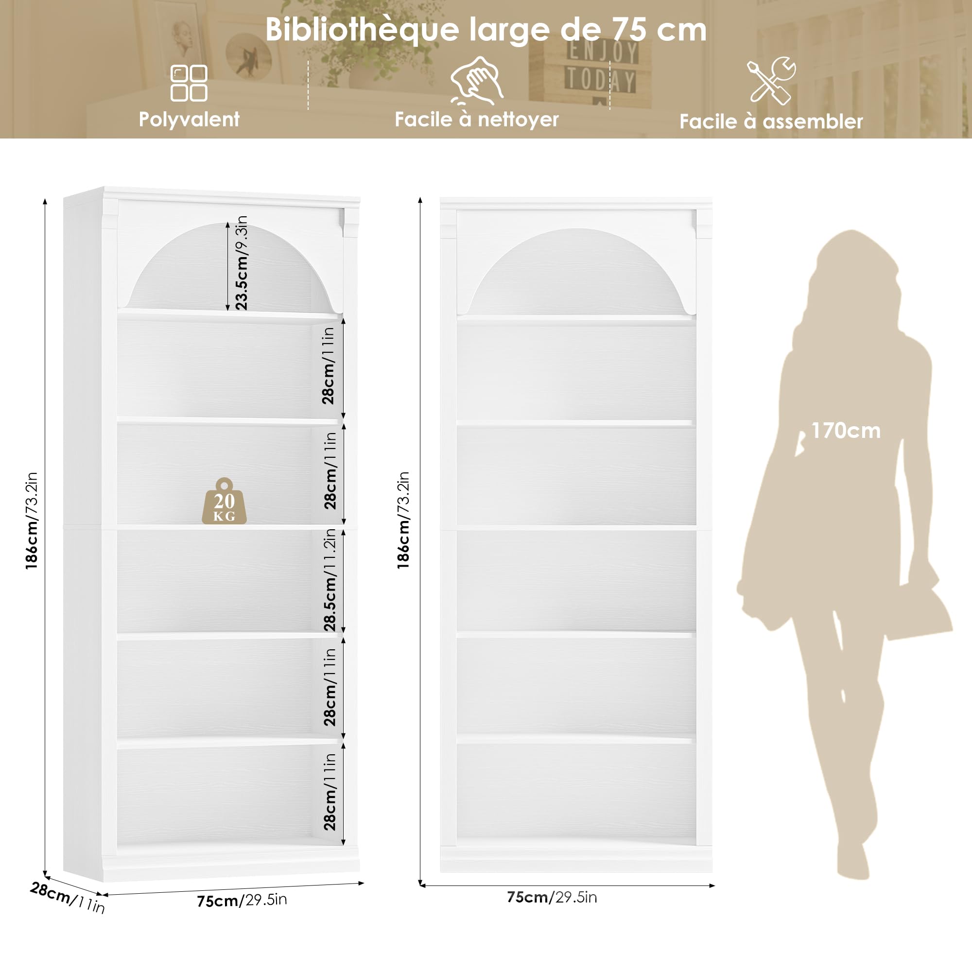 FirFurd Bibliotheque 186 cm 6 Étagères Bibliothèque Meuble de Rangement en Arc Étagere Rangement Ouverte Bibliothèques pour Salon, Bureau, Chambre 75x28x186cm Blanc