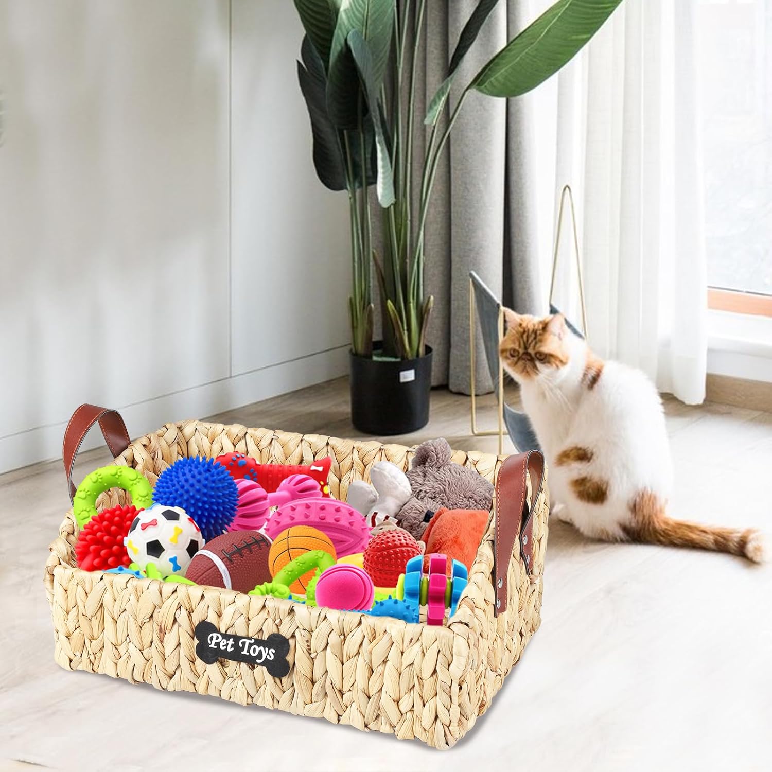 Trapezoid Pet Toy Bin, Large Storage Basket for Dog Cat Toys, Organizer for Leash Blanket Snacks, Natural Wicker Hyacinth