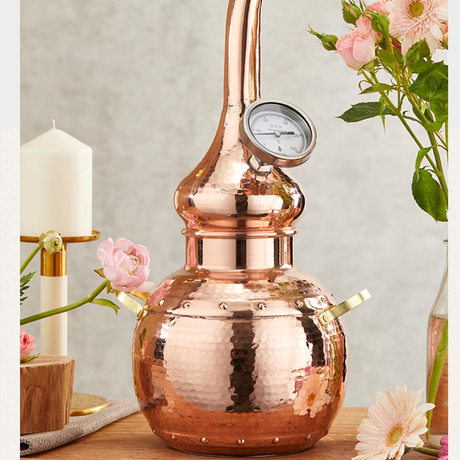 Alambique De Cobre De 3 litros, Kit para Hacer Cerveza Casera, Método De Enfriamiento por Agua, Llama Abierta Y Calefacción por Placa De Inducción, con Termómetro, Tubo De Enfriamiento
