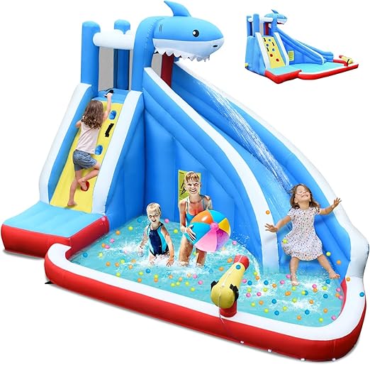 HONEY JOY Inflatable Water Slide, Shark Theme Blow Up Water Park Bounce House for Backyard, Climbing Wall, Indoor Outdoor Waterslides Inflatables for Kids and Adults(Without Blower)