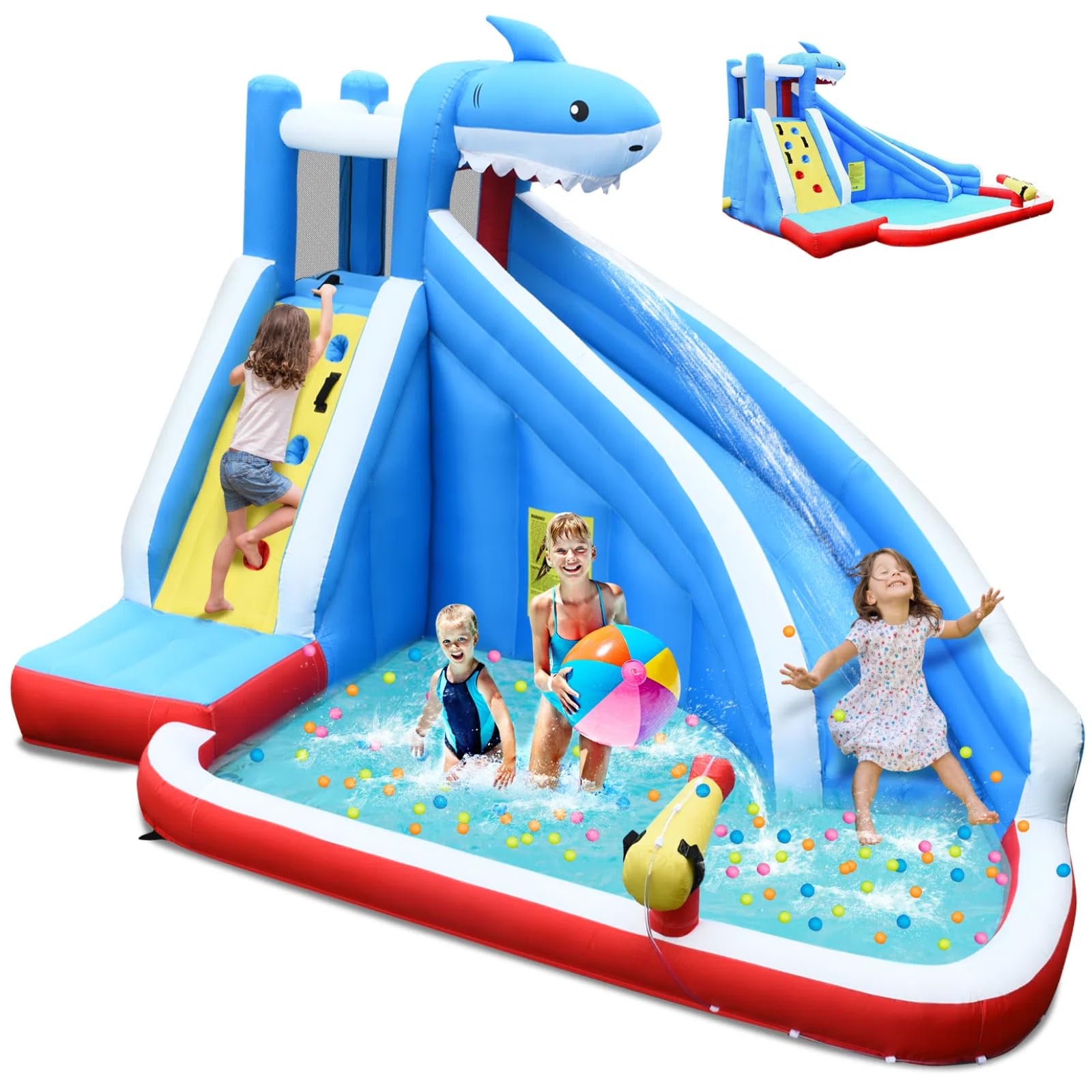 HONEY JOYInflatable Water Slide, Shark Theme Blow Up Water Park Bounce House for Backyard, Climbing Wall, Indoor Outdoor Waterslides Inflatables for Kids and Adults(Without Blower)