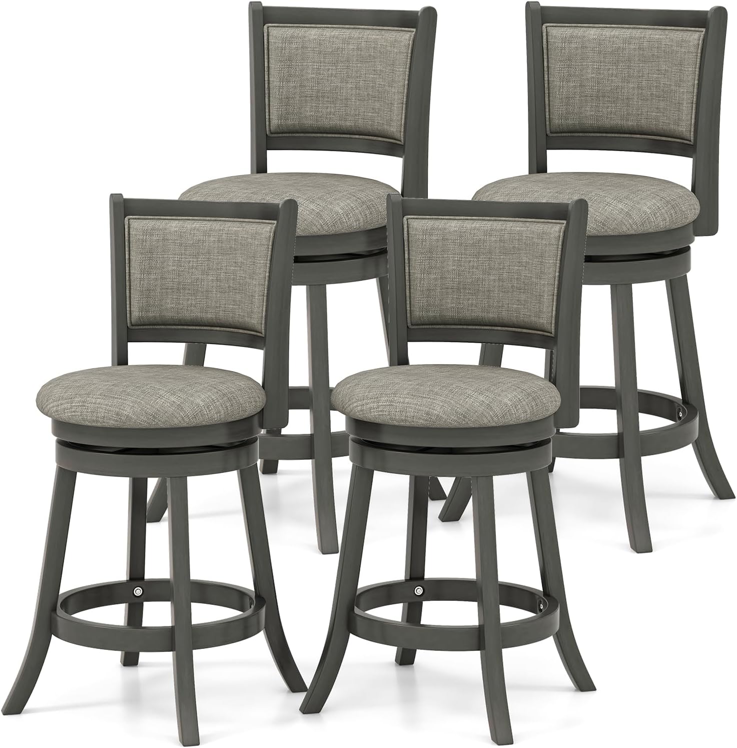 COSTWAY Bar Stools Set of 4, Counter Height Swivel Chairs with Soft-Padded Back & Seat, Linen Upholstered Pub Stools with Sturdy Wooden Frame for Kitchen Island, Café, Grey (4, 26.5‘’ Seat Height)
