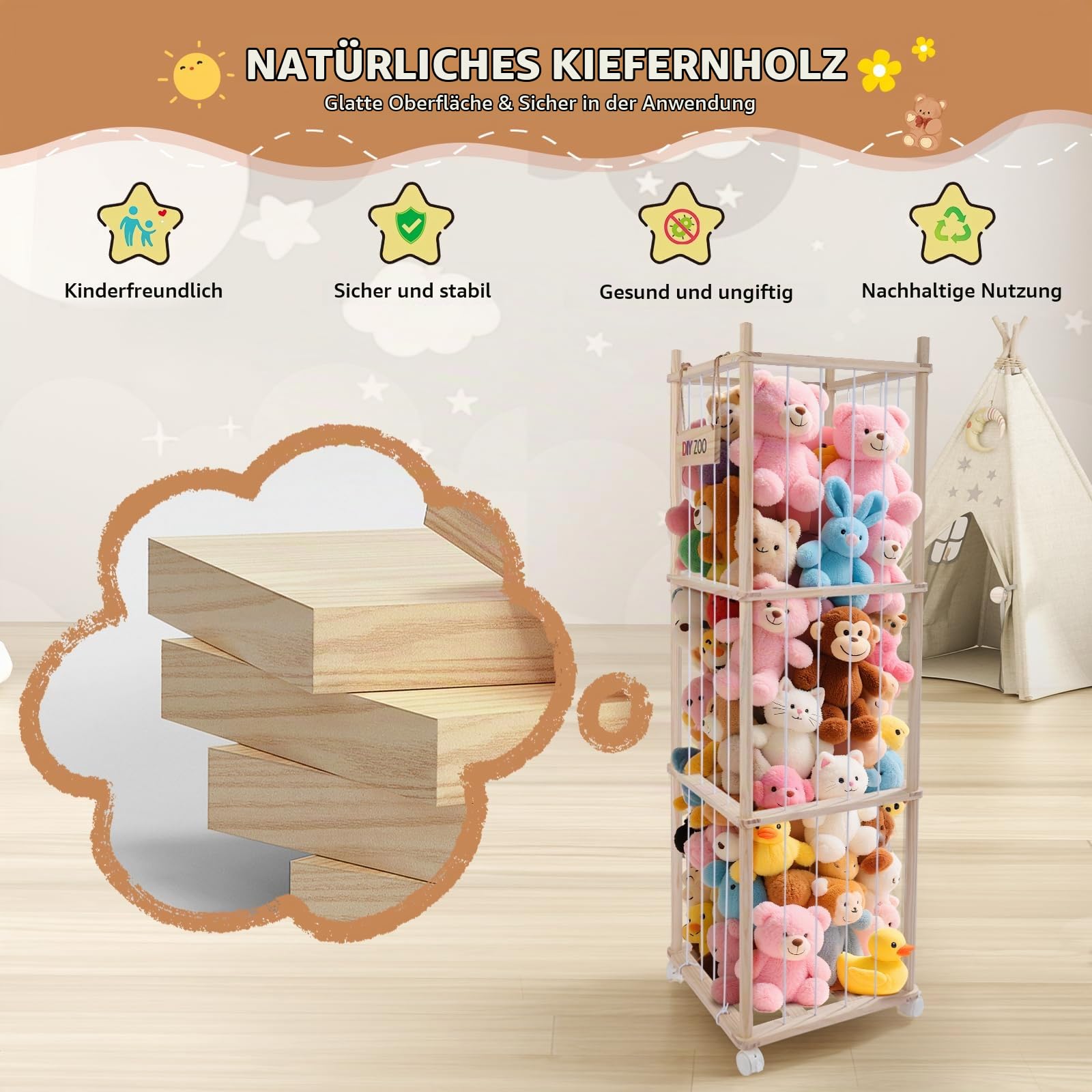 Sunowl Kuscheltier Aufbewahrung, Stofftier Aufbewahrung Mit 360°Bremse-Ausgestattete Räder,138 * 41 * 41cm für Kinderzimmer, Spielzimmer, Wohnzimmer usw