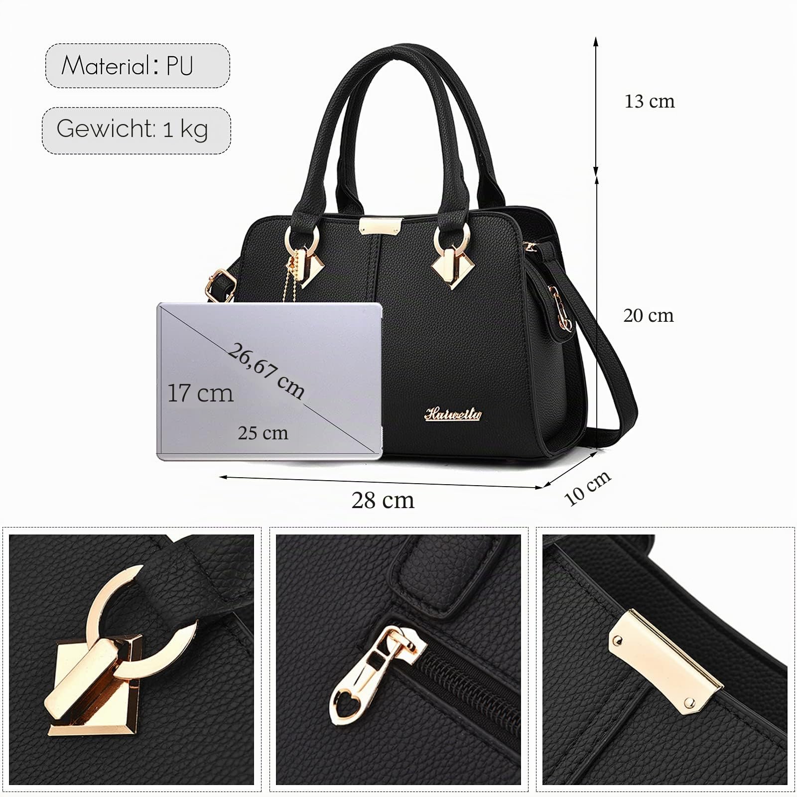 FANDARE Damen Handtasche Umhängetasche Frauen Schulterbeutel Shopper Tote Reise Henkeltasche Schulterriemen Abendtasche Citytasche Wasserdicht PU Leder Schwarz A