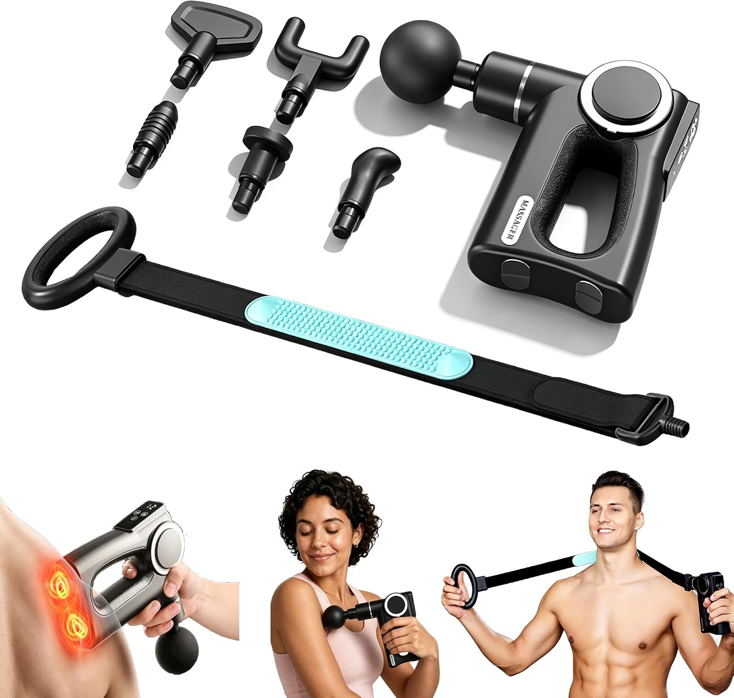 3-in-1 Detachable Massage Gun with Heat, Portable Handheld Massage Gun with Massage Strap, Mini Massage Gun Deep Tissue with 20 Speeds & 6 Heads, Percussion Muscle Massager for Back/Neck/Body