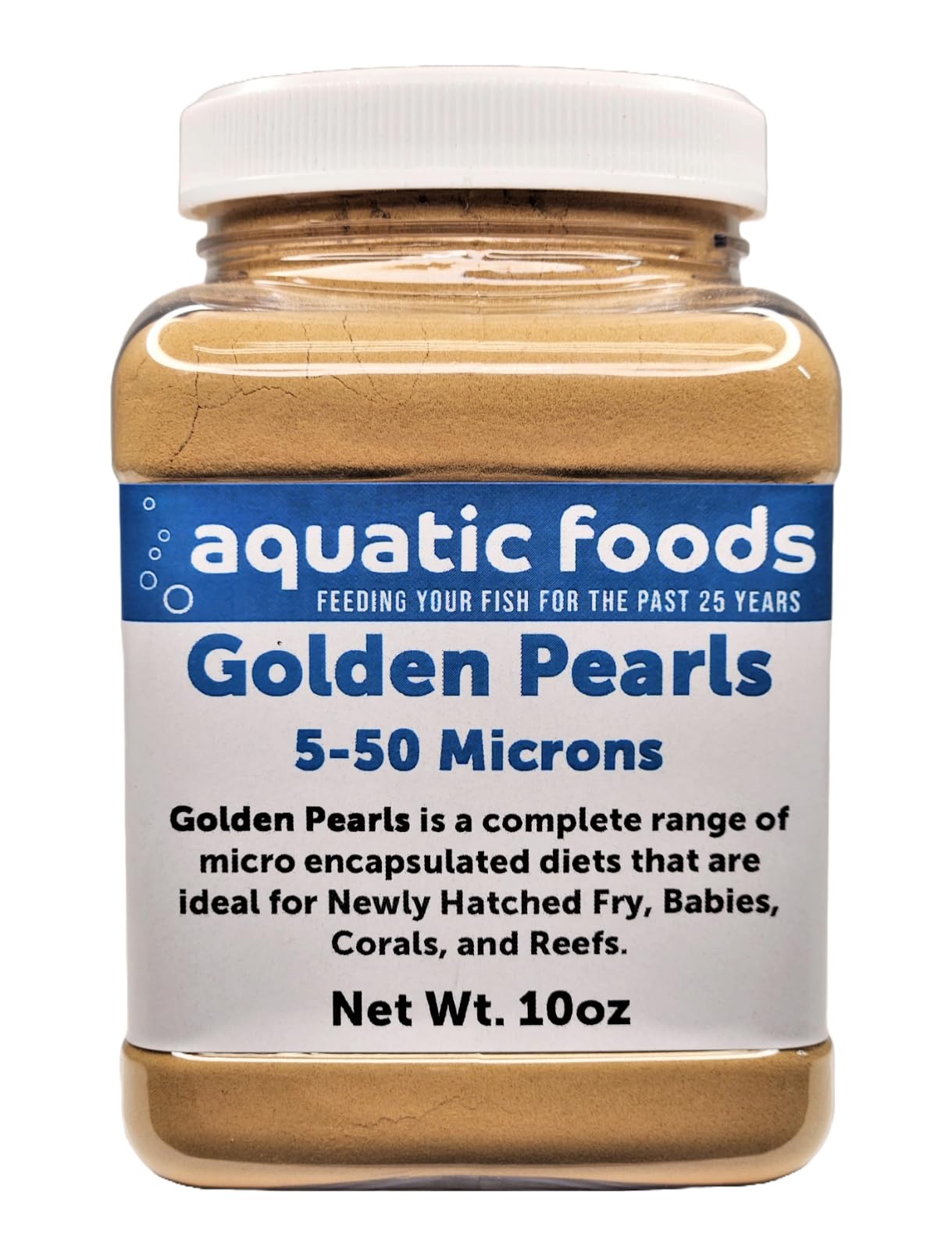 Aquatic Foods Inc. Golden Pearls 5-50 Microns, Powder for New Fry, Babies of Shrimp, Axolotls, Discus, Cichlids, Catfish, Tetras, Angel Fish, Guppies, Bettas, Goldfish, Corals, Reefs...10oz Small Jar