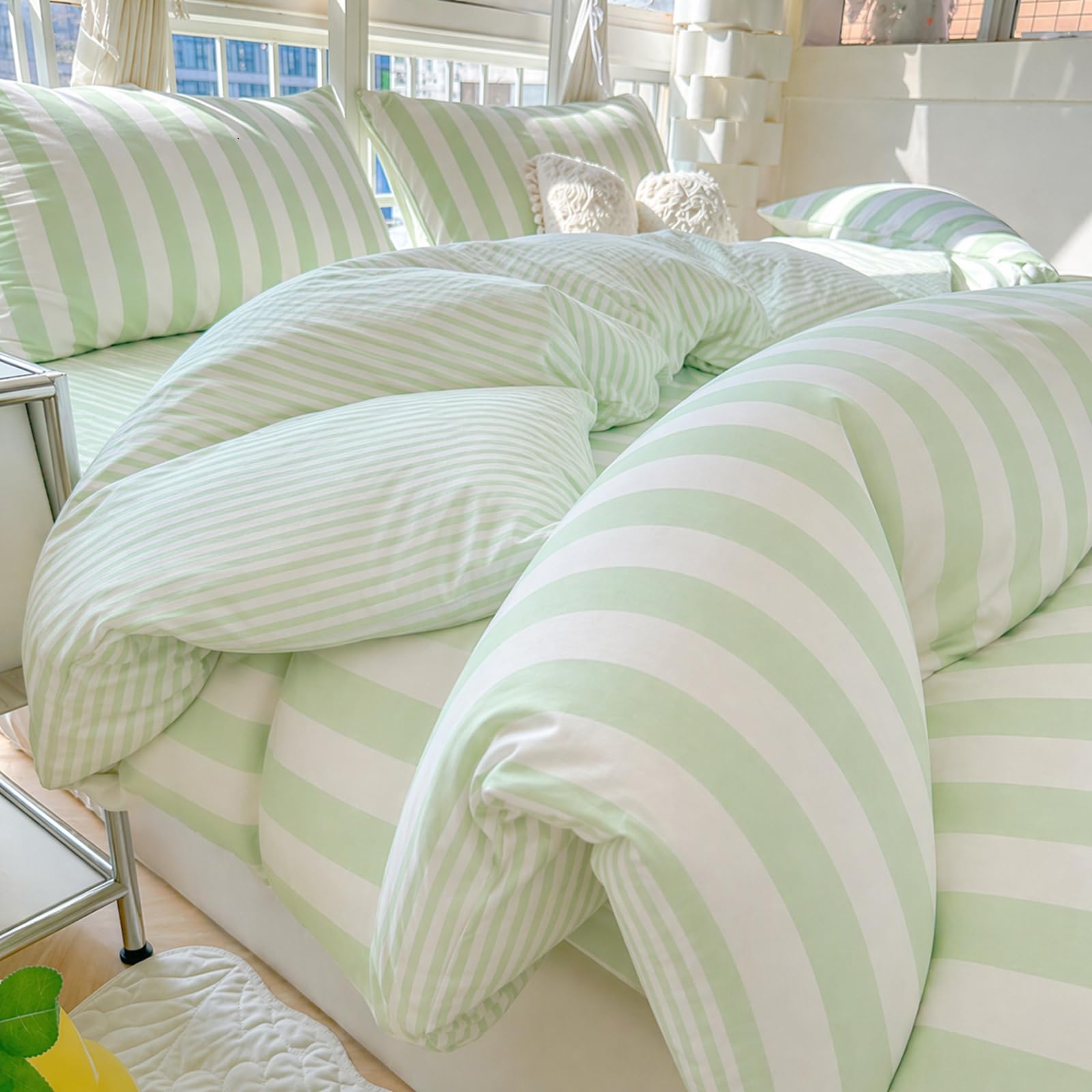 Vryxel Striped Bedding Double Duvet Cover Set Bed Zipper Green White 200×200CM — image 1