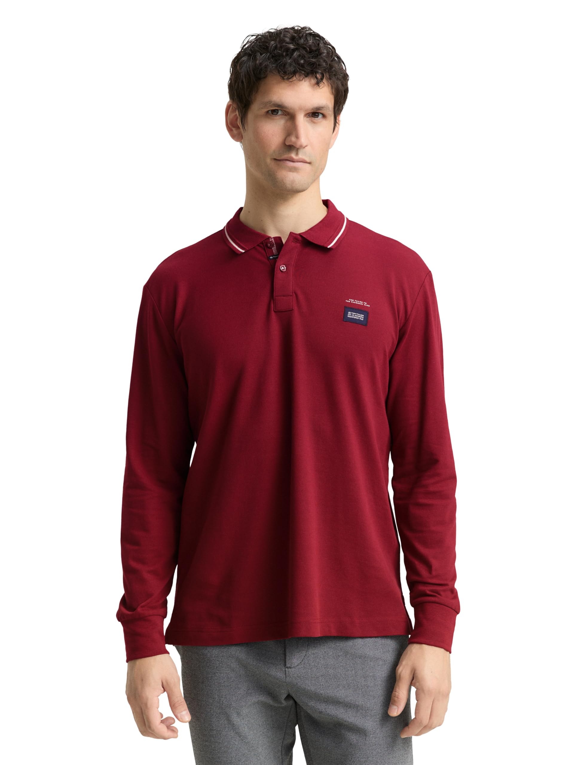 TOM TAILOR Herren Langarm Piqué Poloshirt mit Logo-Print