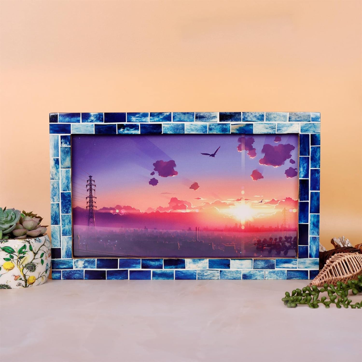 Handicrafts Home Indigo Poster Frame 8x14 - Handmade Bone & Resin Inlay Picture Frame for Wall Mount- Photo Frame for Home Decor, Boho Chic & Vintage Wall Art- Decorative Frames Office Desk & Gifts
