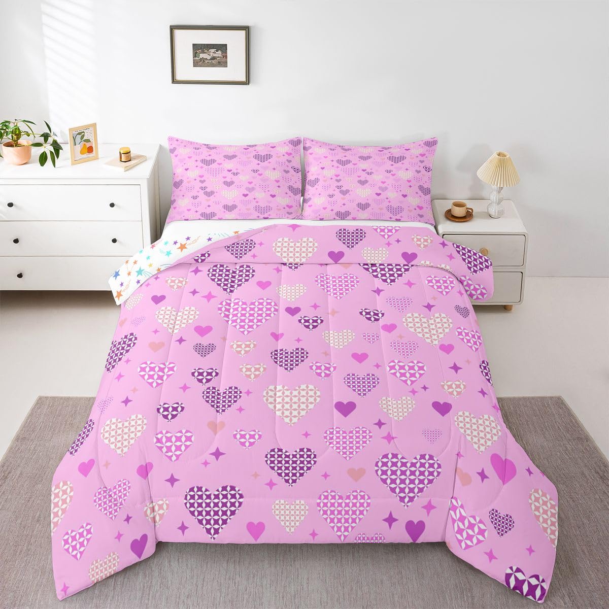 Erosebridal Love and Heart Full Comforter Set Cute Heart Pattern Bedding Set for Kids Girls Purple Valentine Bedroom Decor Love Geometric Quilt Duvet