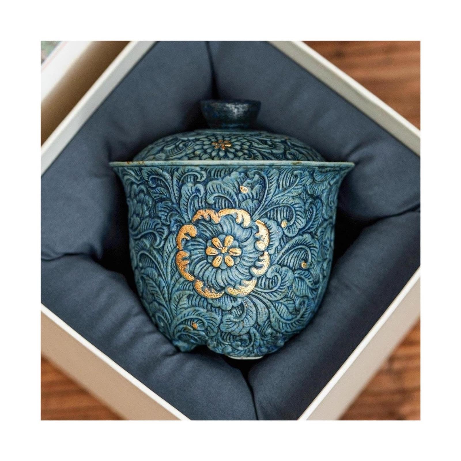 1 tazón de té con tapa en relieve gris-azul dorado