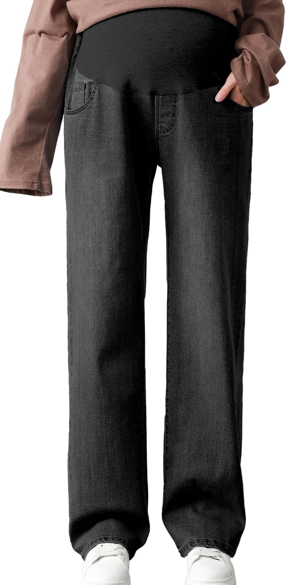 FEOYA Damen Umstandsjeans Hohe Taille Umstandshosen Weites Bein Jeans Hose über dem Bauch Schwangerschaftshose Stretch Freizeitjeans Umstandskleidung mit Tasch