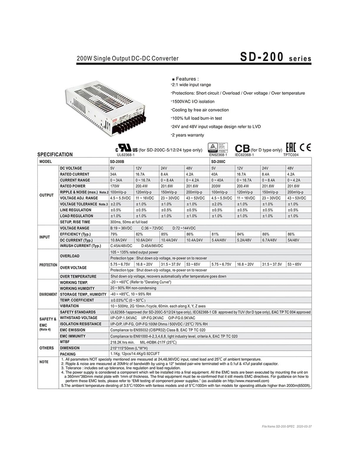 SD-200C-5 entrée 36~72VDC à 5V DC 200W DC-DC convertisseur Alimentation à découpage 48V à 5V 40A convertisseur