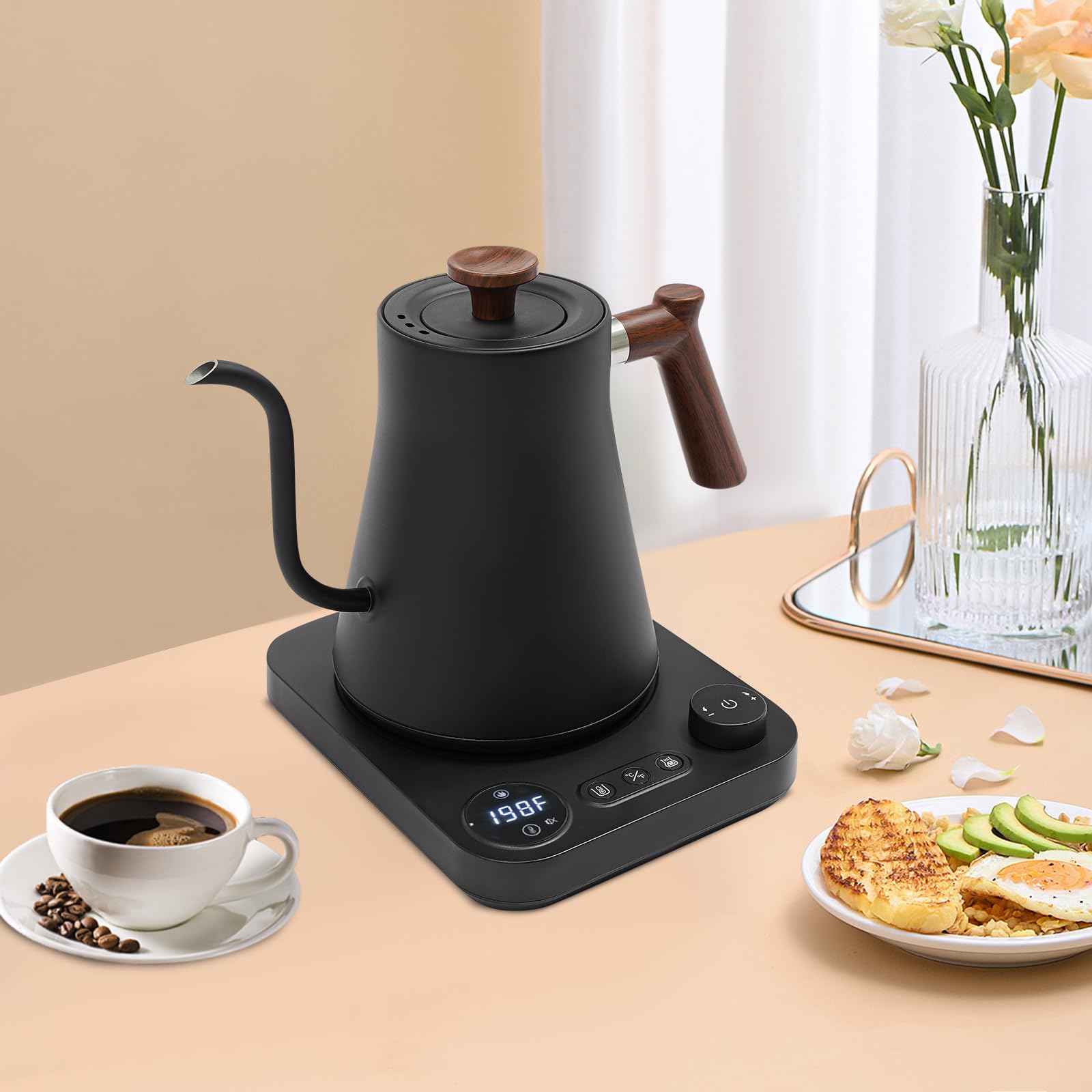 Hervidor eléctrico de cuello de cisne de 0,9 l con interior de acero inoxidable 304 y pantalla LED Control de temperatura de ±1 °F for el hogar oficina y cafetería(Black)