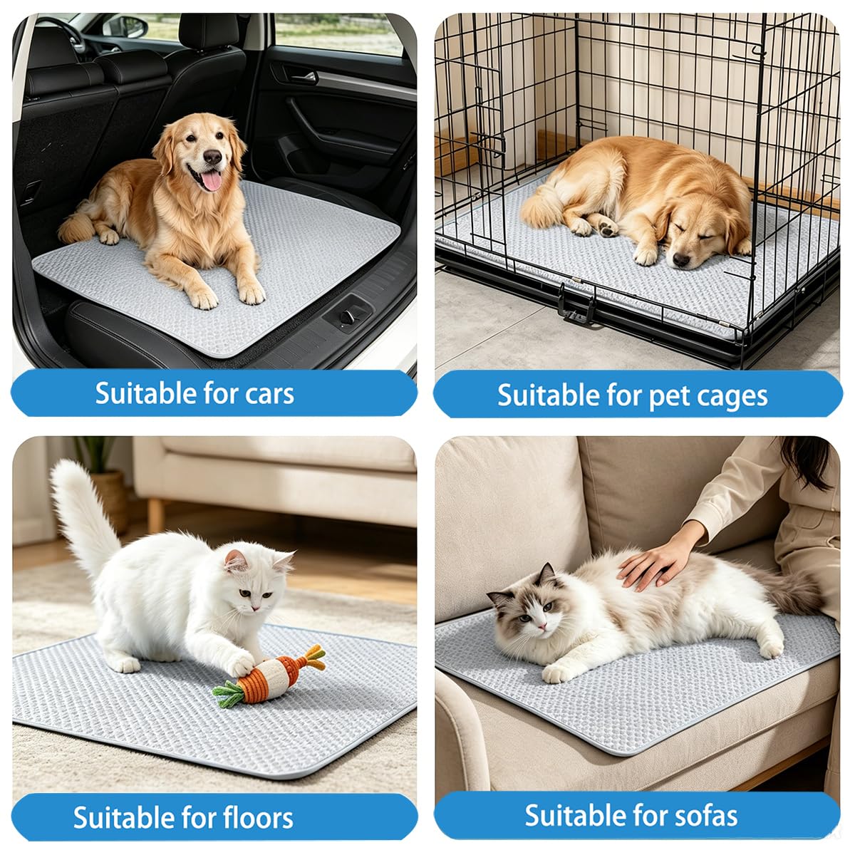 Kühlmatte Hund Selbstkühlend 70x50 cm – Kühlmatte Katze ohne Gel mit Q-Max >0,5, Extra Kühlende Kühledecke Hund Atmungsaktiv & Waschbar, Katzen Kühlmatte für Auto, Käfig & Sofa, Grau, Größe L