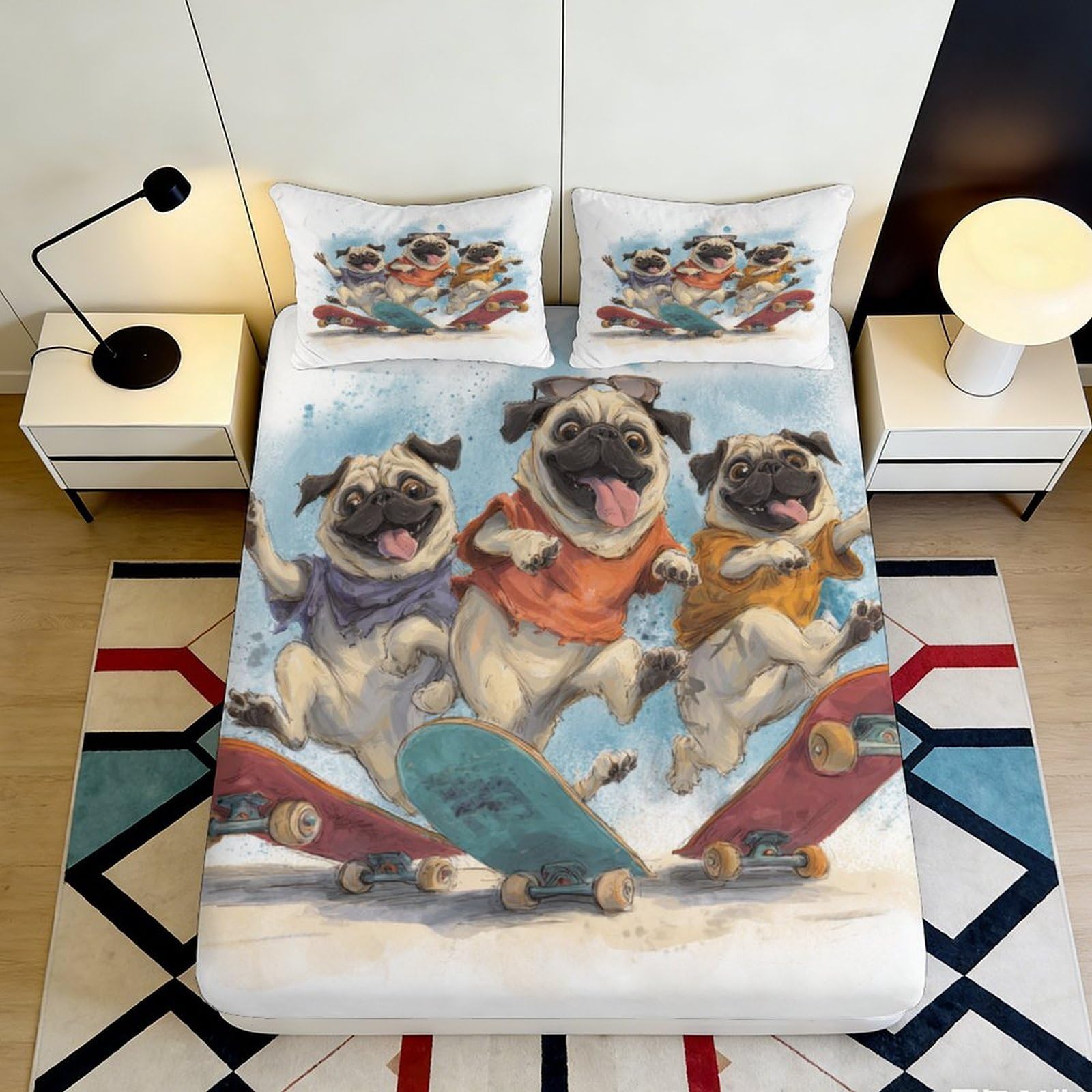 Jqzkxnhpbr Style-2 3D Printed Cartoon Pug Fitted Sheet Microfiber Soft Breathable Skateboard Dog Bed Cover For Bedroom Guestroom Décor 90X200x25cm
