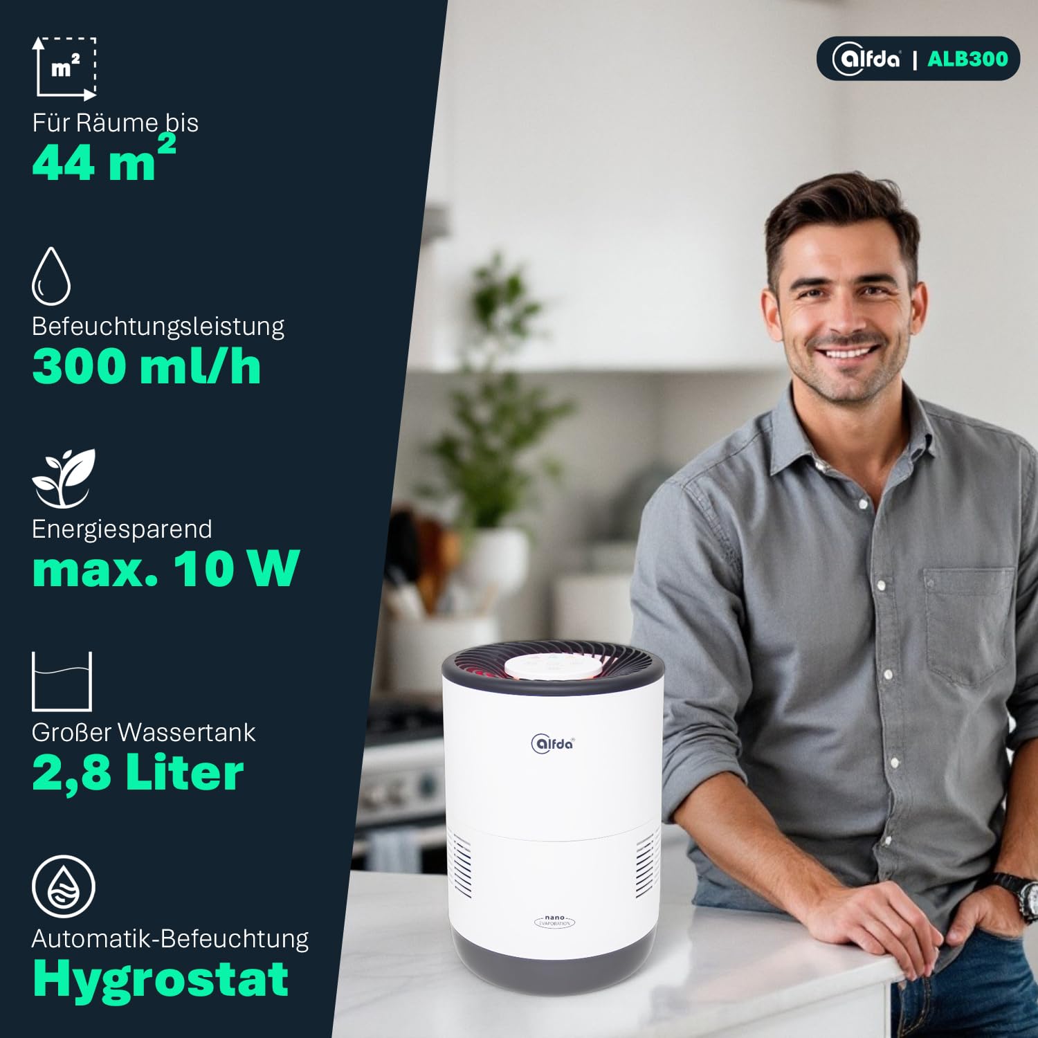 alfda ALB300 Luftbefeuchter bis 44 m² 2,8 L Tank | Leise 24 dB, Kaltverdunstung mit antibakteriellem Filter, Automatikmodus mit Sensor