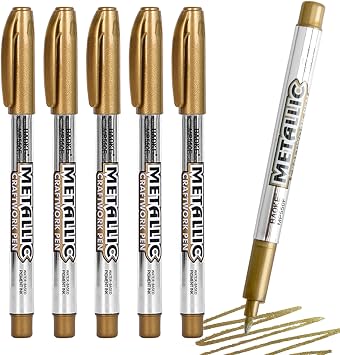 Qkhcable 5 Pcs Gold Metallic Marker Pens, Glittering Gold Permanent Markers