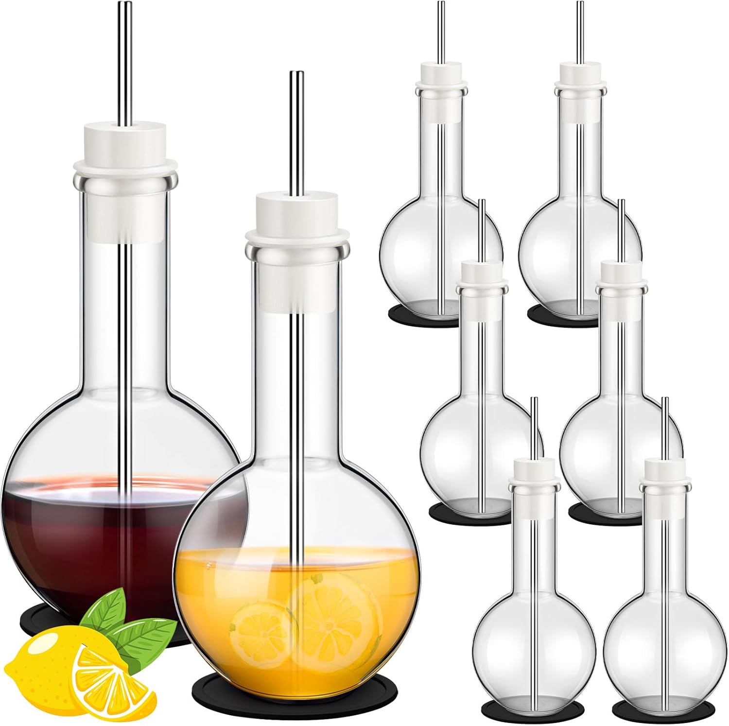 Copkim 6-Pack 8.5oz Clear Lab Distilling Flask Glasses with Straws, Coasters & Stoppers - Novelty Chemistry Beaker Mugs for Science Lovers