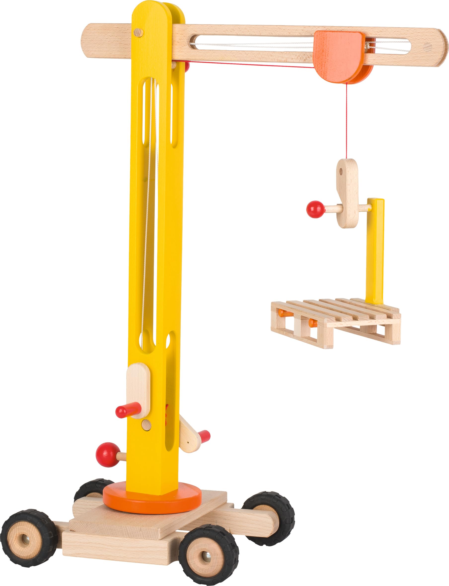 goki Drehkran aus Holz - 64 cm, 360° schwenkbar, mit Gummibereifung und Zubehör - Robustes Material, leichtgängige Kurbeln, inklusive Holzpalette und Palettengabel, sicher für Kinder ab 3 Jahren