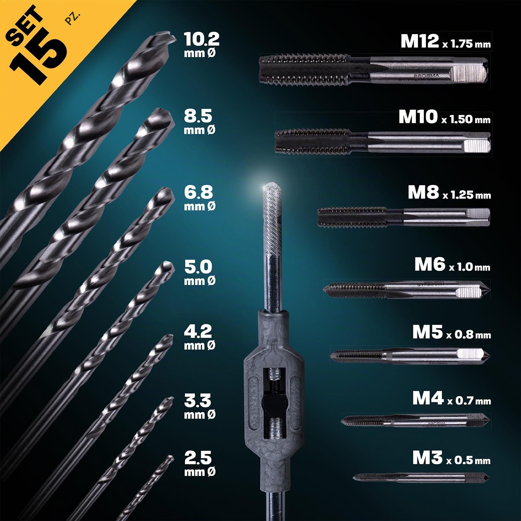 Set di maschietti metrici, M3 – M12, 15 pezzi, HSS-G/binario/incudine Tap Force/filettatura, set di filettatura, set di maschi, M3 & M4 & M5 & M6 & M8 & M10 & M12