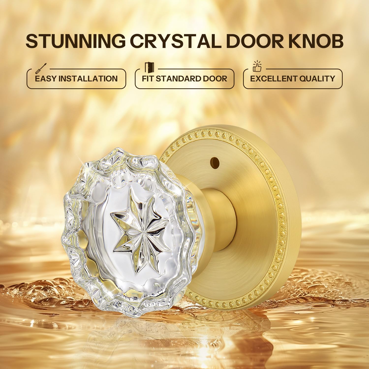 Vintage Crystal Door Knob - Satin Brass Privacy Lock -2