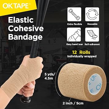 OK TAPE 12 Rolls Self Adhesive Bandage Wrap, Cohesive Elastic Athletic Tape