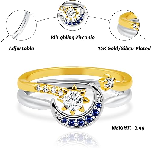 Miniatura 7 de Sun and Moon Ring set stackable rings for women,adjustable celestial jewelry anillos para mujer matching rings as friendship rings for best friend