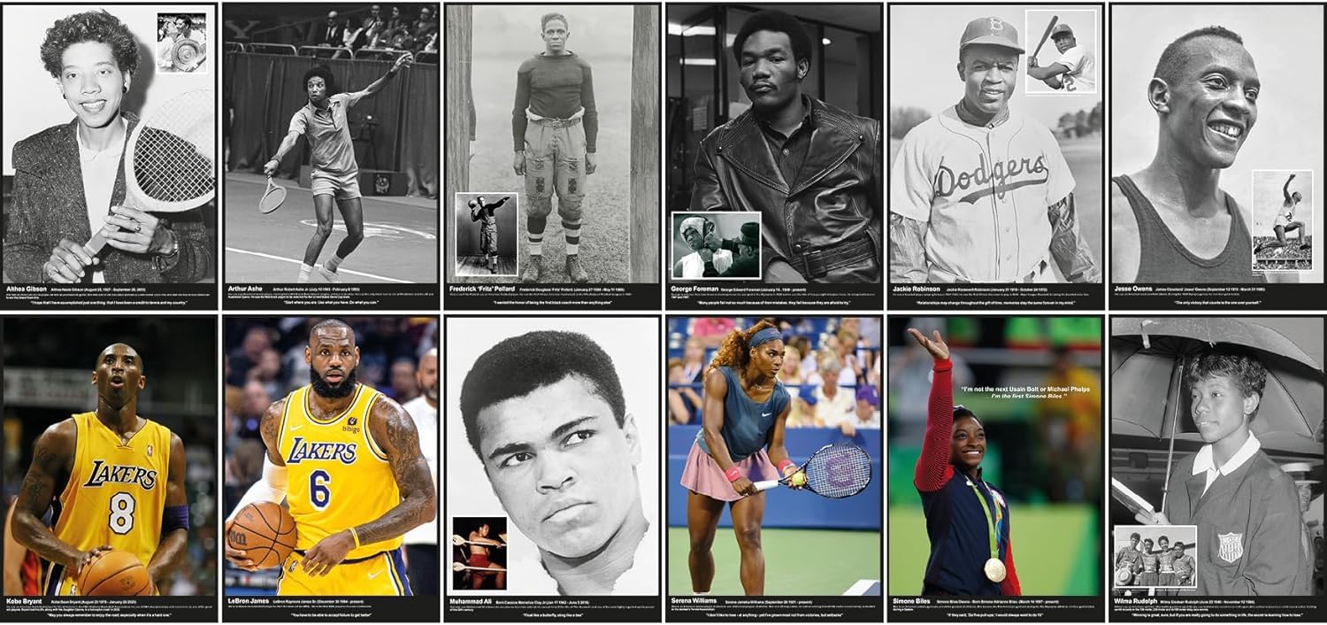 Tiger MoonSet of 12 African American Athletes Inspirational Posters - Size - 11.6 x 16.5 Inches - Classroom Display and Bulletin Board Pack