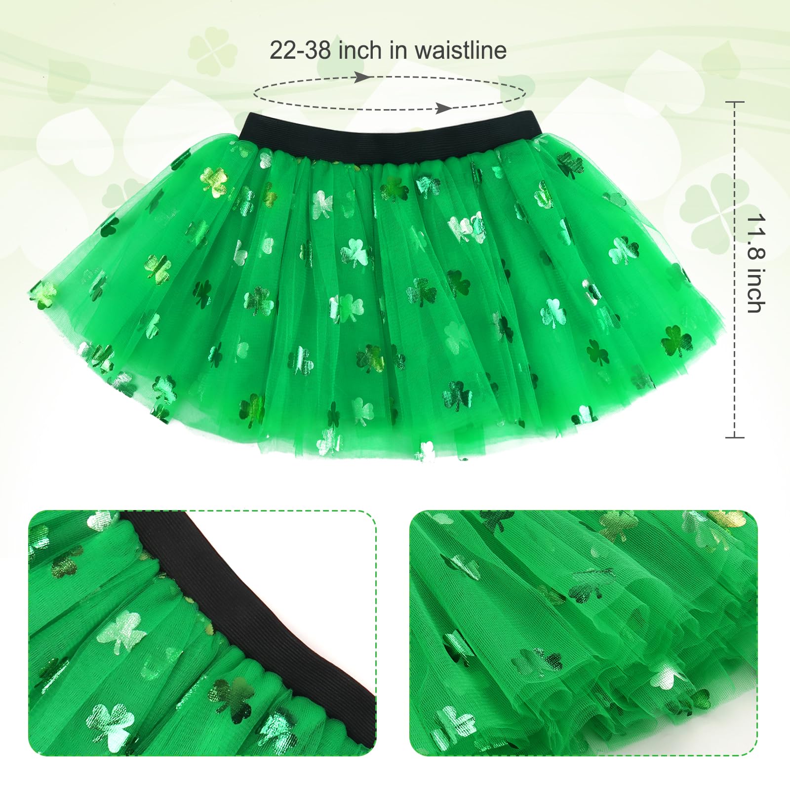 Erogeen St. Patrick's Day Costume Accessories for Women Green Striped Socks Arm Warmer Tutu Skirt Shamrock Headband Necklace Glasses (Green) - Image 4