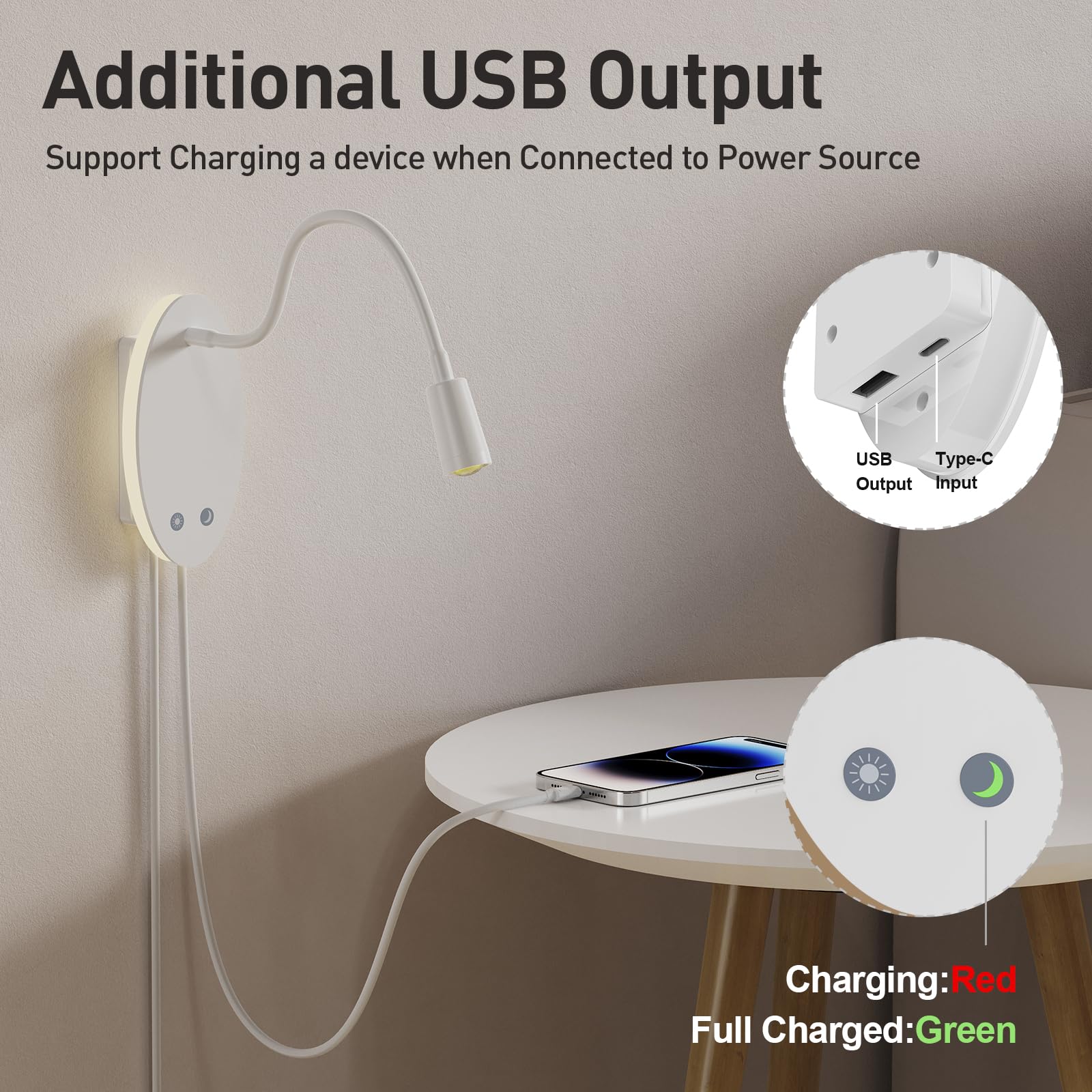 Luz LED para libros montada en la pared, luces de lectura para libros en la cama, 3 regulables, salida USB, luz nocturna, recargable, flexible, cuello de cisne (1 unidad)
