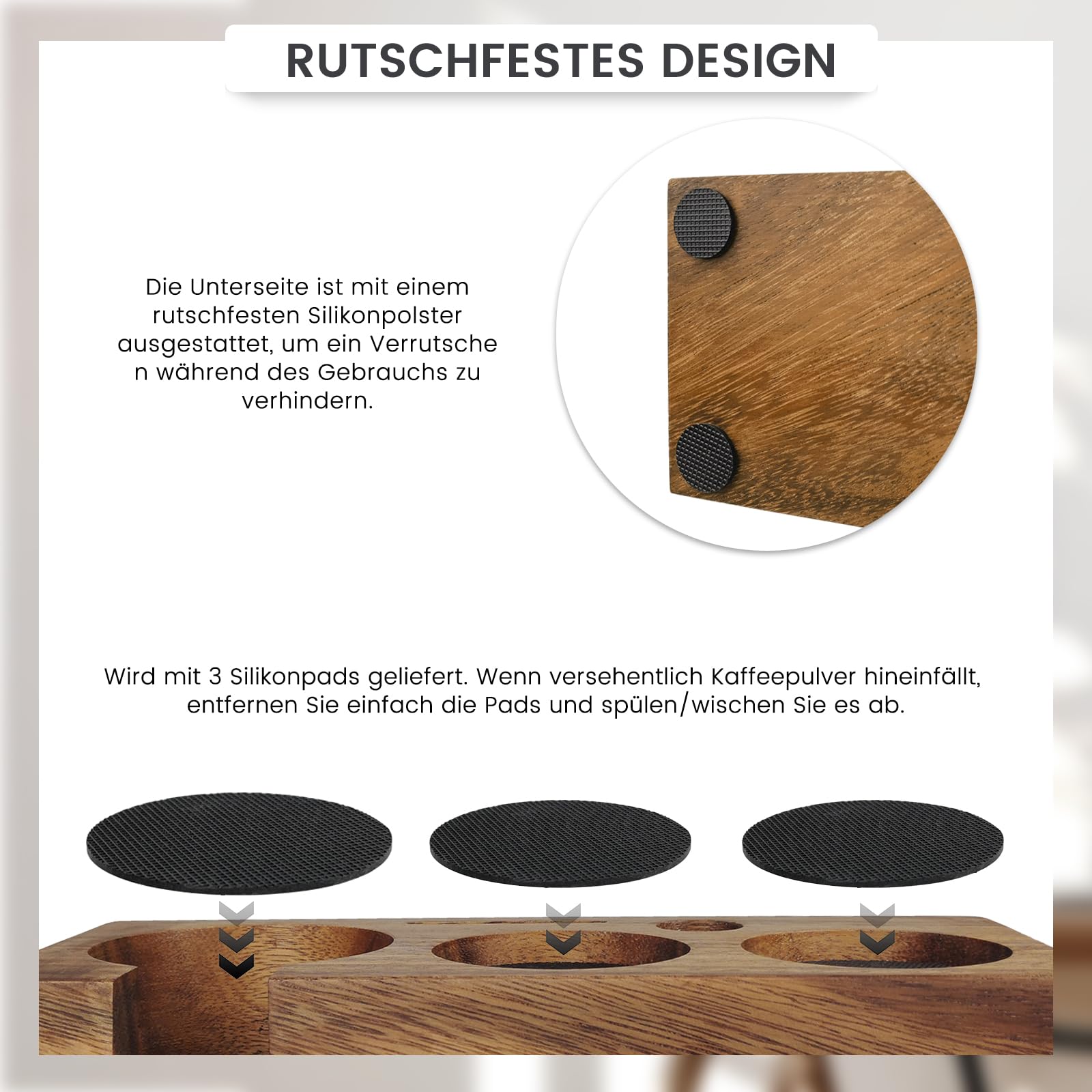 Tamperstation 58mm, Tamperstation Holz für Siebträger 58mm, Walnuss Barista Tamping Station für Espreso Zubehör mit Silikonkissen, Einstellbare Höhe