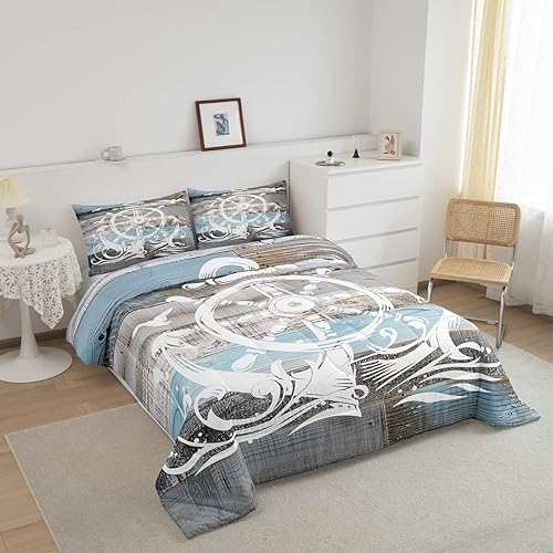 Miniatura 2 de Erosebridal Juego de edredón de ancla náutica, juego de ropa de cama con brújula oceánica, tamaño individual para niños, adolescentes y adultos,