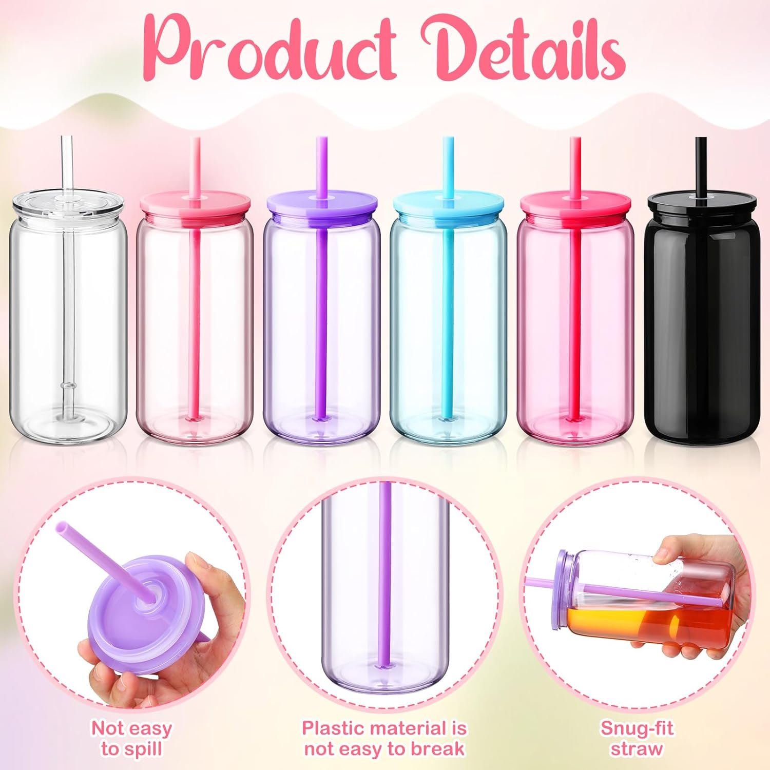 6 Acrylic Mason Jars with Lids and Straws 16 oz Drinking Plastic Tumbler with Straw Iced Coffee Cups Water Bottles Mugs for Wedding Party Favor Water Milk Beer Juice Beverage (Colorful) - Image 3