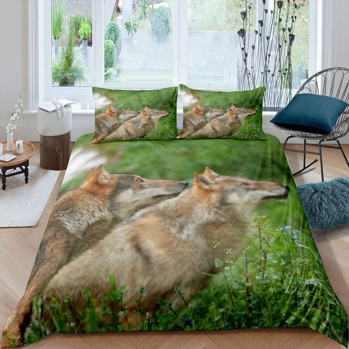 Homemissing Wilk poszewka na kołdrę, safari, zwierzę, zestaw pościeli dla dzieci, chłopców, dziewcząt, gałęzie liści, poszewka na kołdrę, ultramiękka, 3D, dziki wilk, pościel i len, zamek błyskawiczny