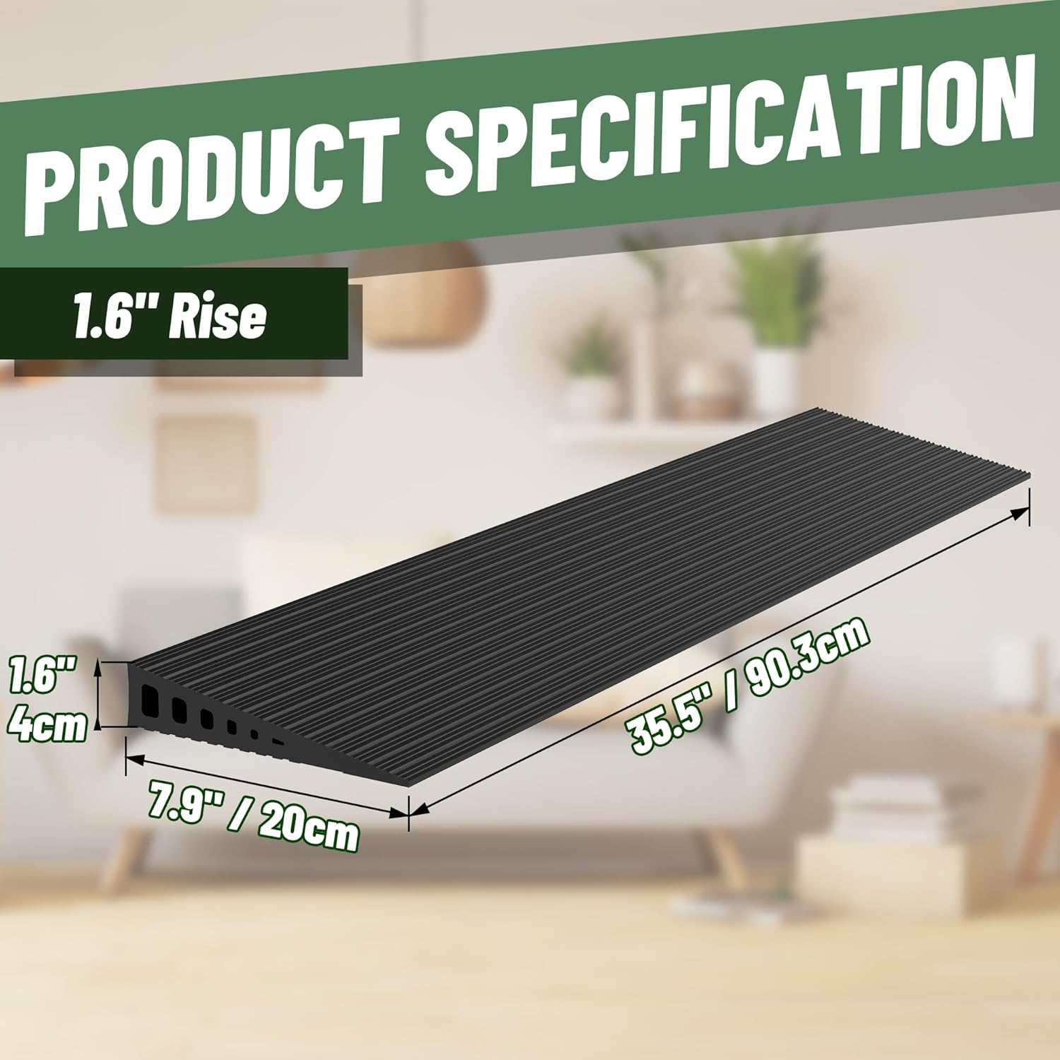 1.6" rise threshold ramps for doorways, 2000 lbs load capacity, 35.5" wide natural rubber power wheelchair ramp is adjustable and cuttable for doorways, curb, sweeper, power scooters, bathroom