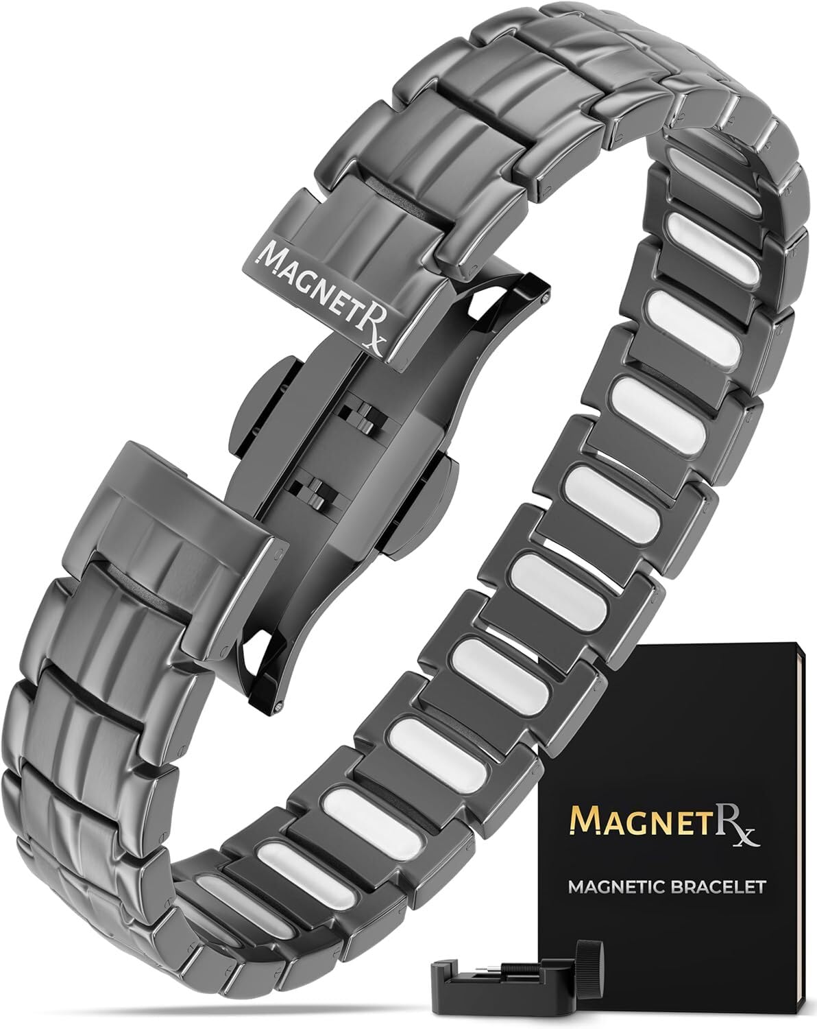 MagnetRX Magnetic Bracelets for Men - EllipseMAX 5X Strength 5,000 Gauss Magnets - Designed in USA & Patent Pending - Premium Titanium Mens Magnetic Bracelet & Adjustable Length (Gunmetal)