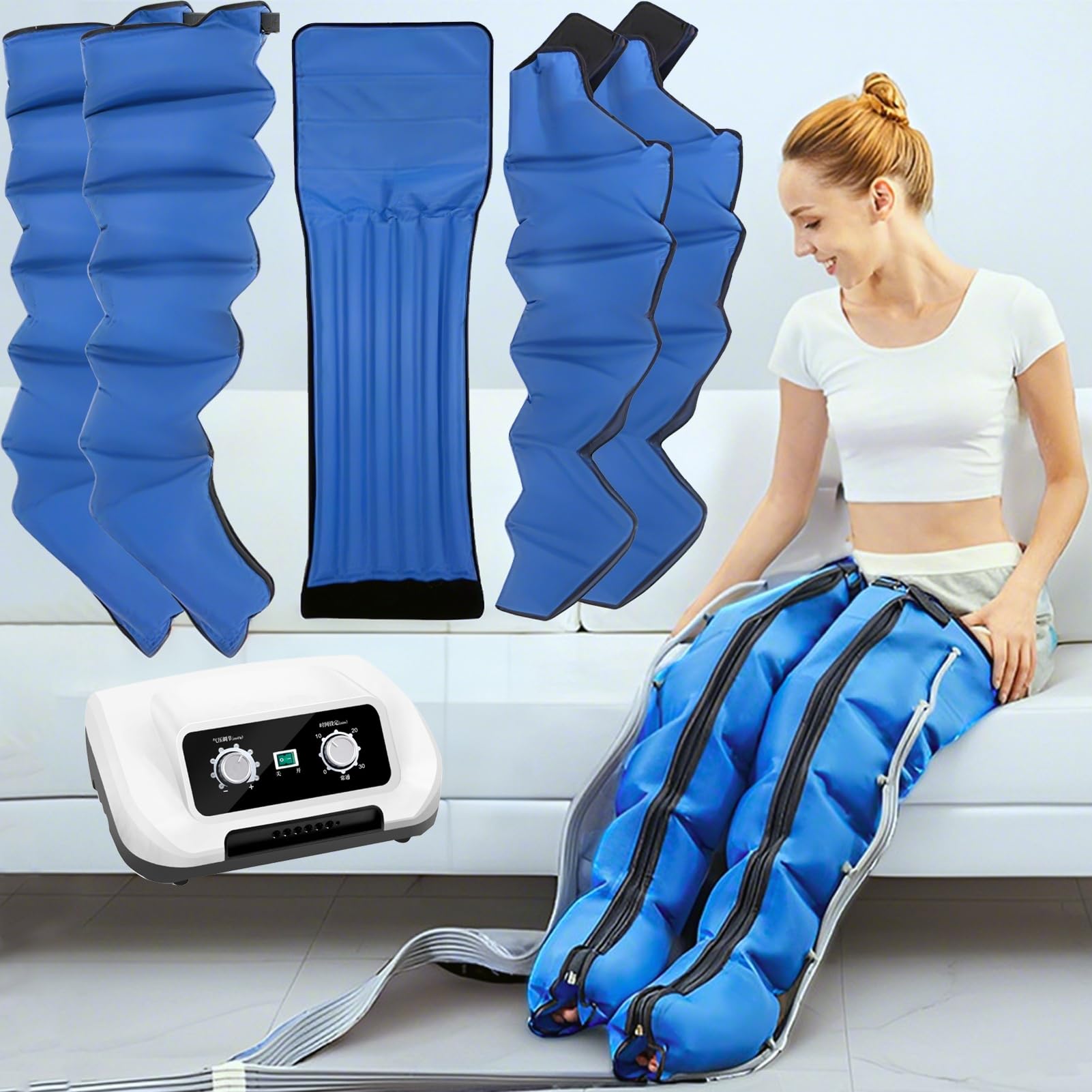 Pressoterapia Linfodrenaggio per Casa - Massaggiatore Corpo Intero 6 Camere d'Aria | Stivali Elettrici Compressione per Gambe, Piedi, Braccia e Addome, Anticellulite (Blue, 2legs+2arms+waist)