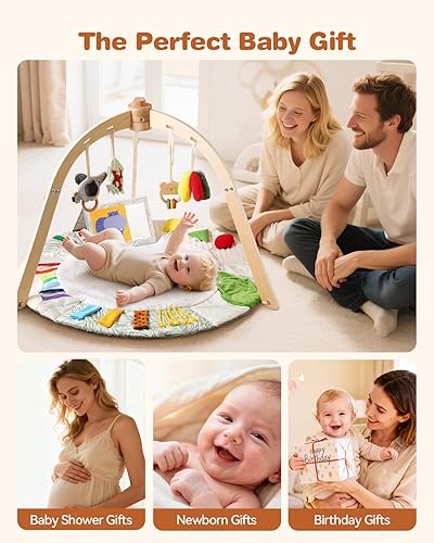 Miniatura 5 de Alfombra de juego de madera para el gimnasio y el tiempo boca abajo, tapete de actividad sensorial Montessori con 6 juguetes de desarrollo para