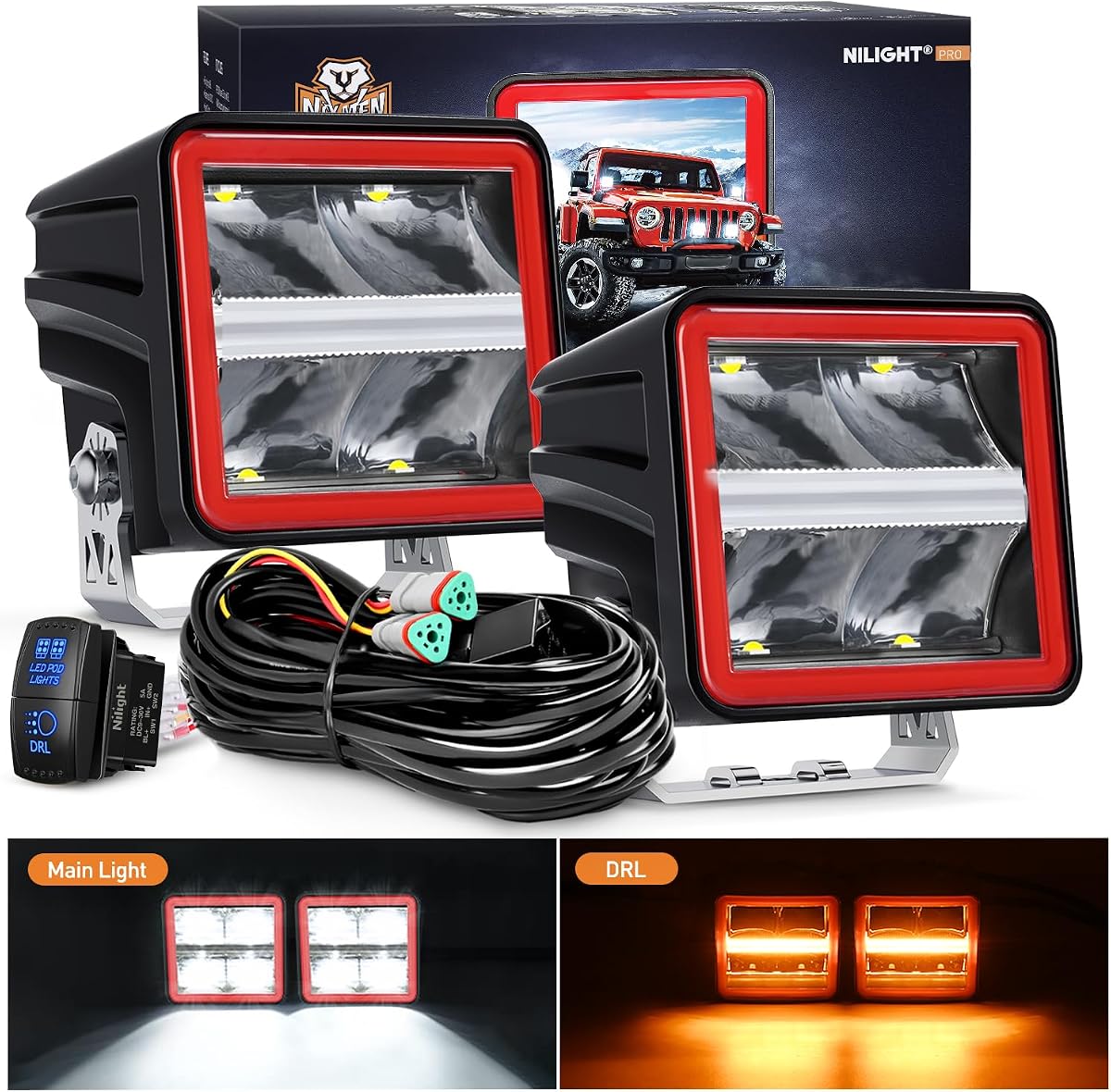 Nilight 3" Cube LED Pod Light with Amber DRL, 20W 2200LM | Super Spot Light 16AWG Wiring Harness Kit Off Road LED Work Lights for Jeep Truck UTV 4x4 ATV Motorcycle,2 Pack
