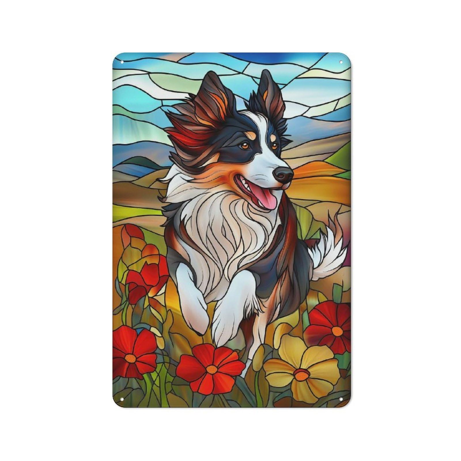 Junmoney Style Stained Glass Border Collie Printed Metal Sign 30X20cm For Guest Room Or Hallway, For Kitchen, Dining Room And Home Bar Wall Decor