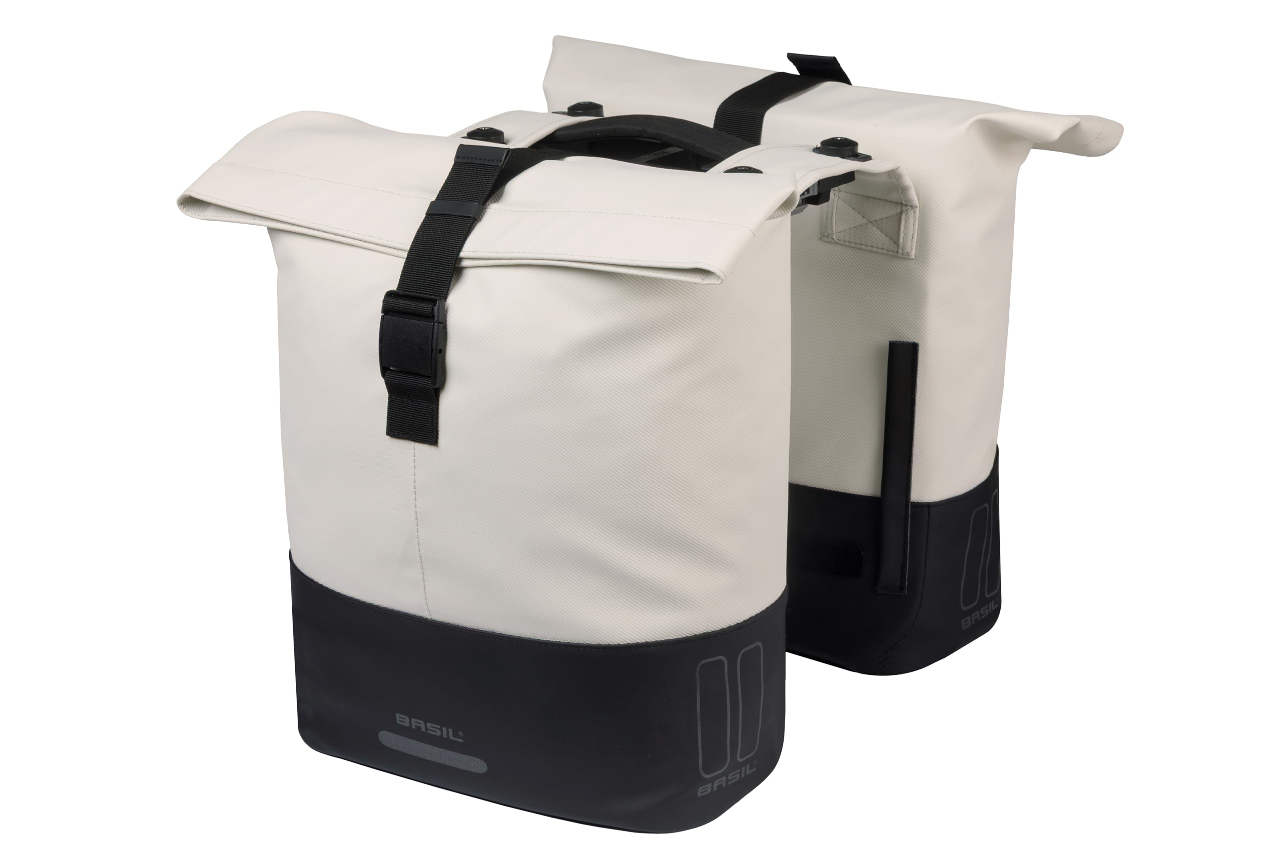 Basil Cove Double Bicycle Pannier Rack - with MIK Adapter Plate - 28-32L - Waterproof - Reflective - Recycled Material - 29 x 14.5 x 36 cm - White/Black