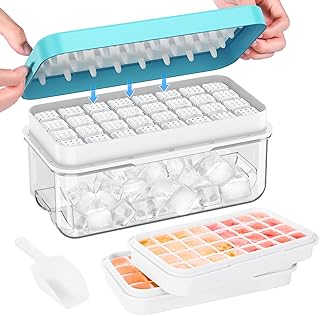 Ice Cube Tray with Lid and Bin, PHINOX 64 pcs Ice Trays for Freezer, Ice Cube Trays for Freezer with 2 trays, Container, Lid & Ice Scoop, BPA Free