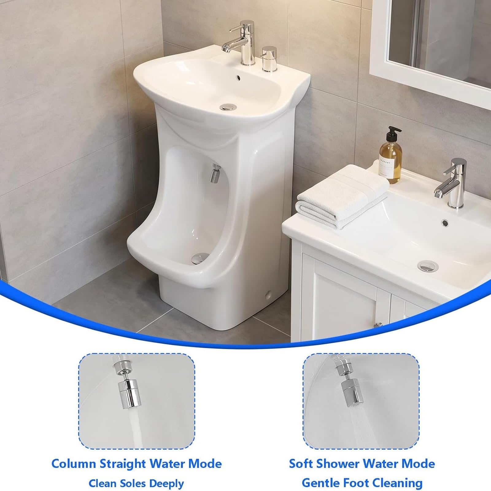 2-in-1-Waschbecken aus Keramik für muslimische Haushalte, Gesichts & Fußbad | 360° verstellbarer Wasserhahn für Hand, Gesichts und Fußwaschung, integriertes vertikales Design, für Zuhause, Badezimmer