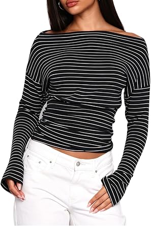 Boat Neck Ruched Tops for Women Long Sleeve Fitted Cinched Shirts