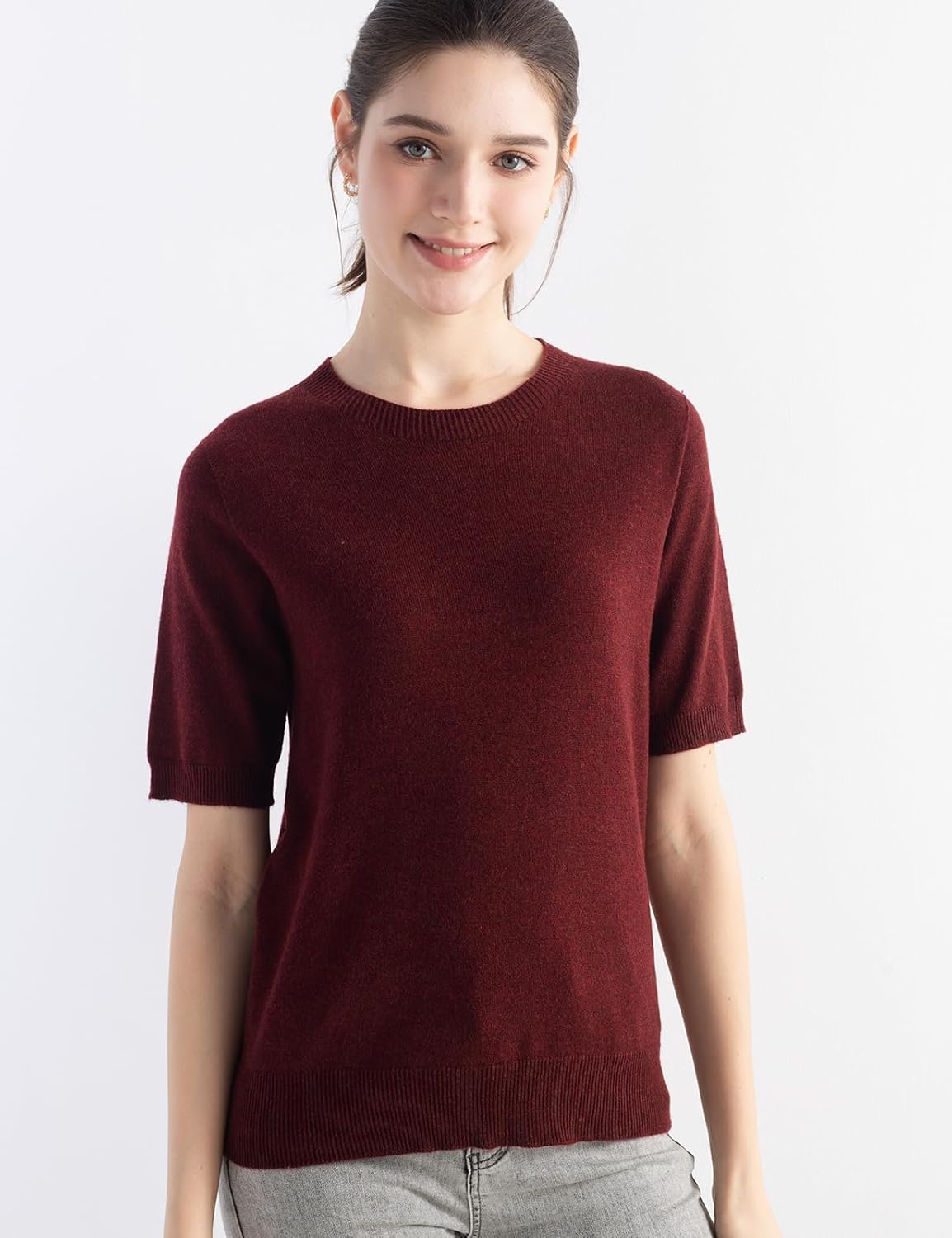 Women's Merino Wool Blend Sweater Fall Winter Crew Neck Short Sleeve First-Line Ready to Wear Seamless Knit Pullover - Image 2